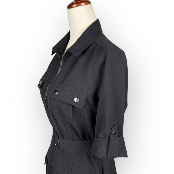 Sharagano Black Front Zip Dress with Cinch Waist Belt Cuffed Sleeves Size 4 - Picture 8 of 13